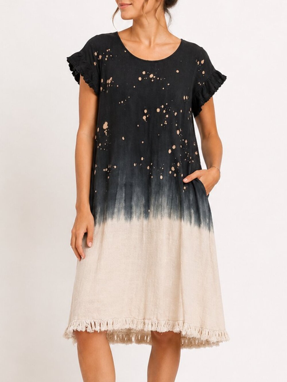 Umgee Black Cream Ombre Linen Blend Dress Sz S Flutter Sleeve Pockets Boho Tunic